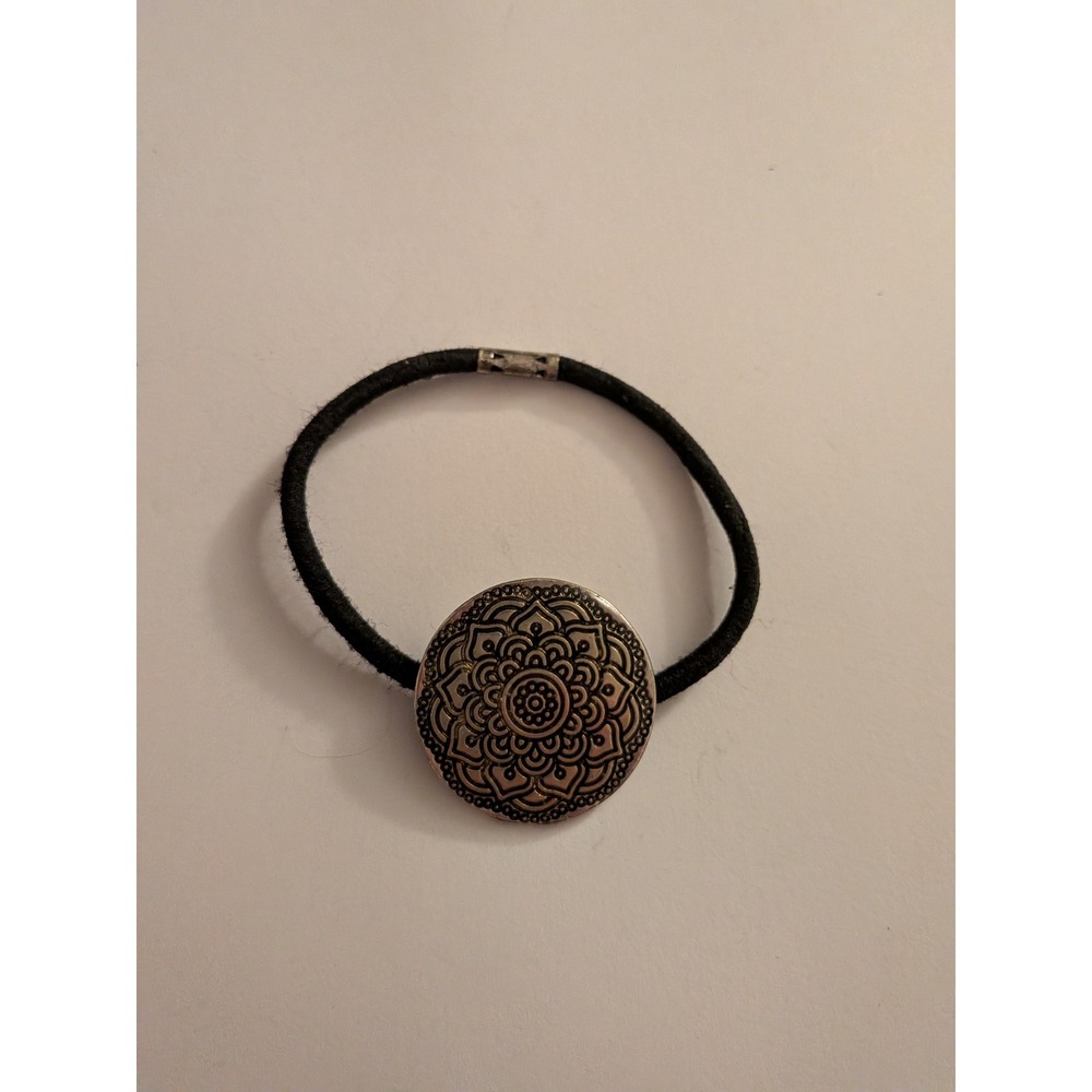 Silver Mandala Etched Metal Medallion Elastic Hair Tie Boho Ponytail Holder